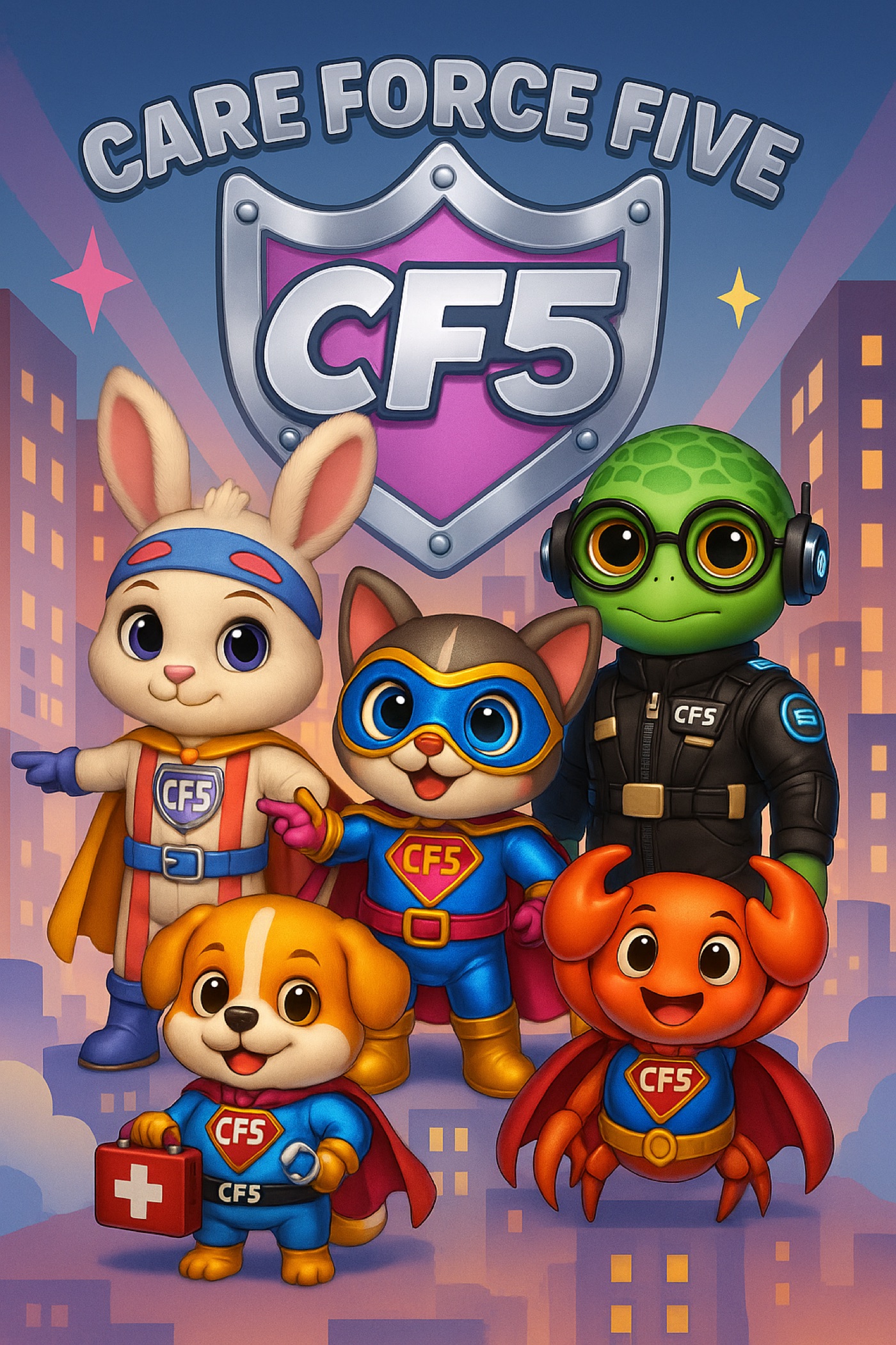 The Care Force Five team: Hope the white rabbit, August (Gear) the green turtle, Ella the calico cat, Leo the golden puppy, and Snippy the red crab — all in their hero costumes with CF5 chest badges.
