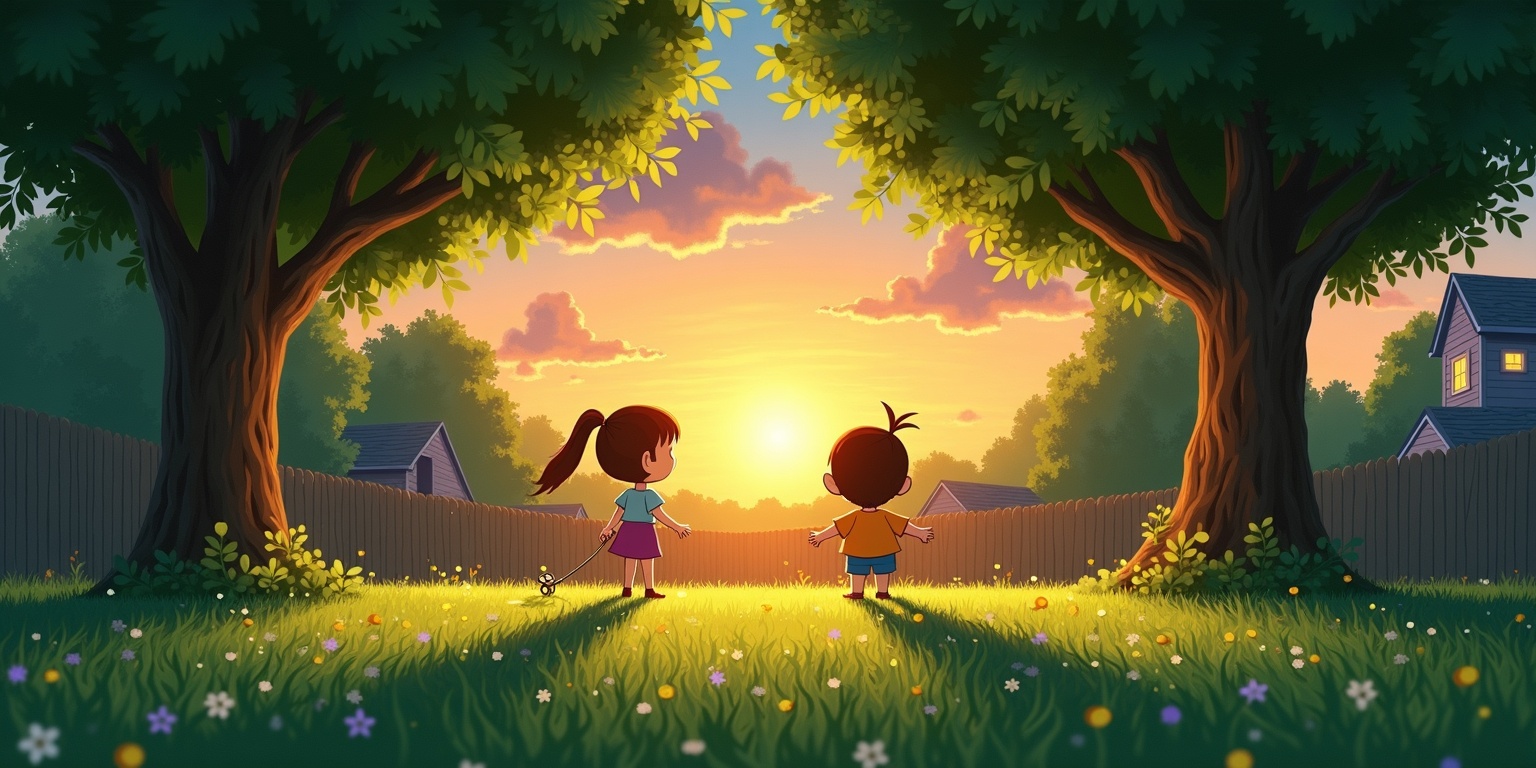 Two children playing in a sunlit backyard at dusk, framed by trees, warm peach sky.