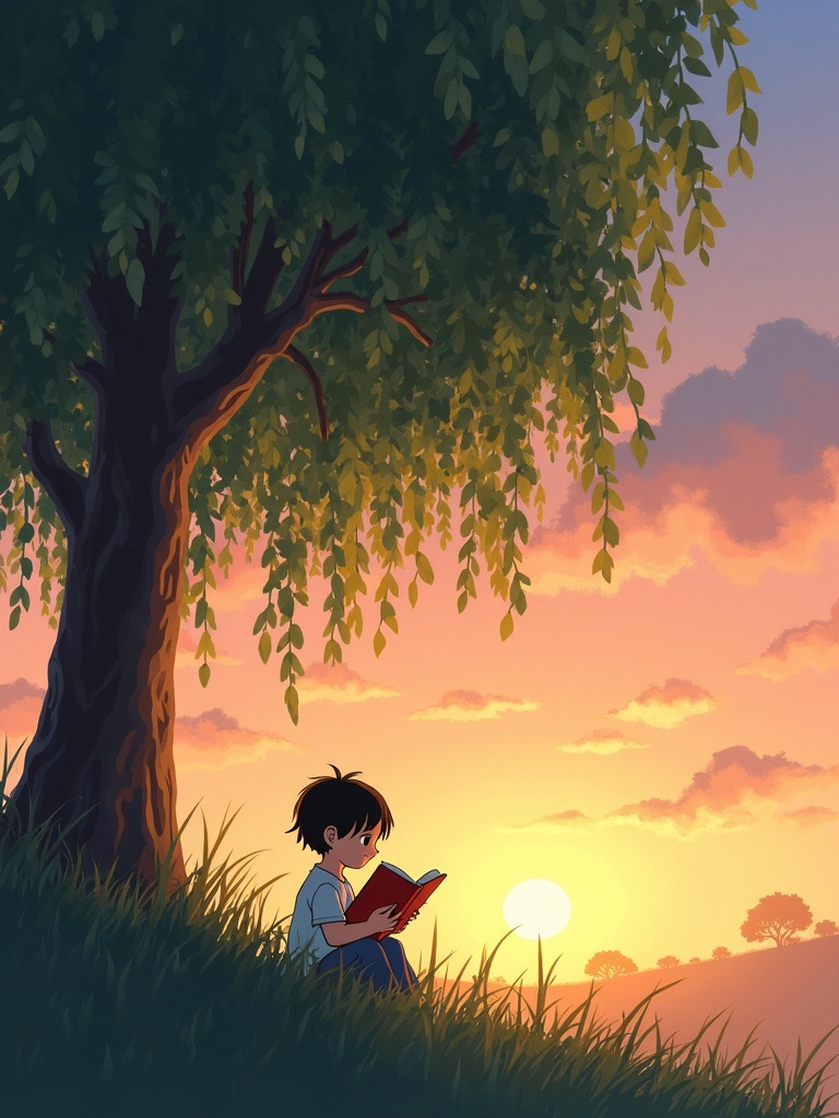 A child reading a glowing storybook under a willow tree at dusk.